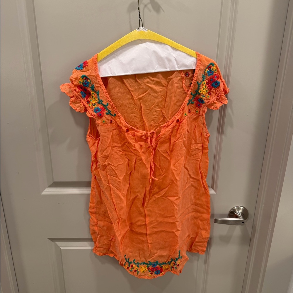 Johnny Was Orange Blouse with Floral Embroidery